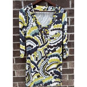 Boden Retro Beaded Tunic Dress Size 6 | Mod Geometric Print | Stretchy 3/4 Sleev